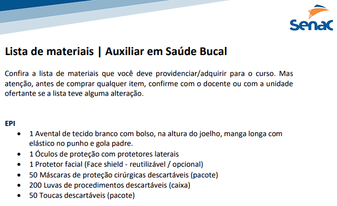 Lista de materiais | Auxiliar em Saúde Bucal