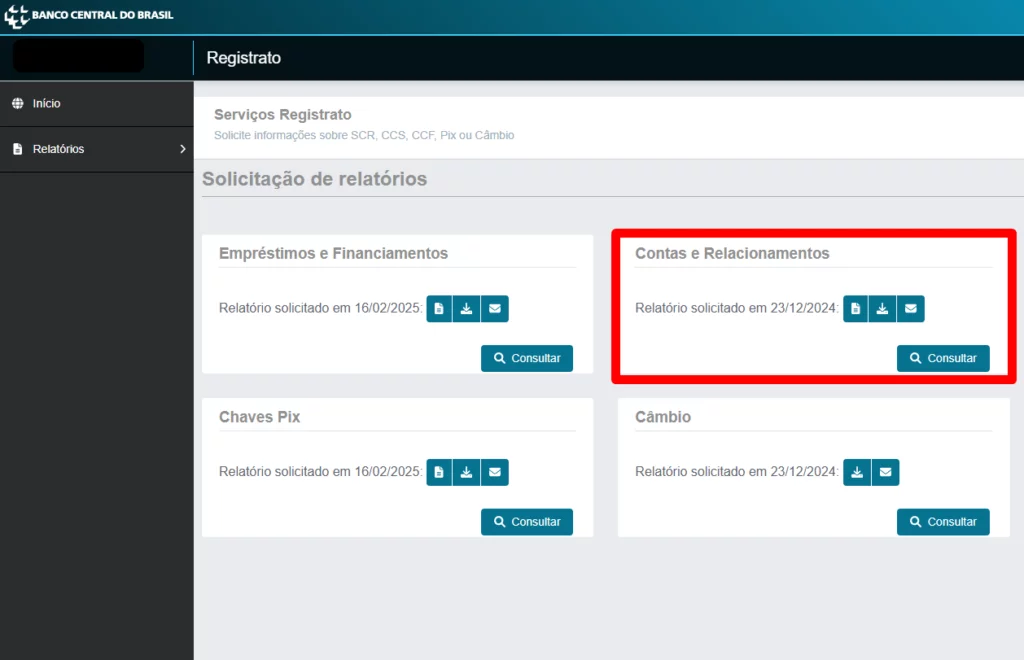 Contas e relacionamentos registrato