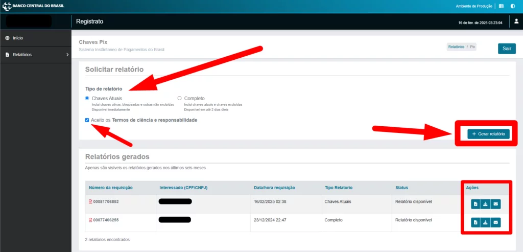 como emitir o relatório de chaves pix no registrato